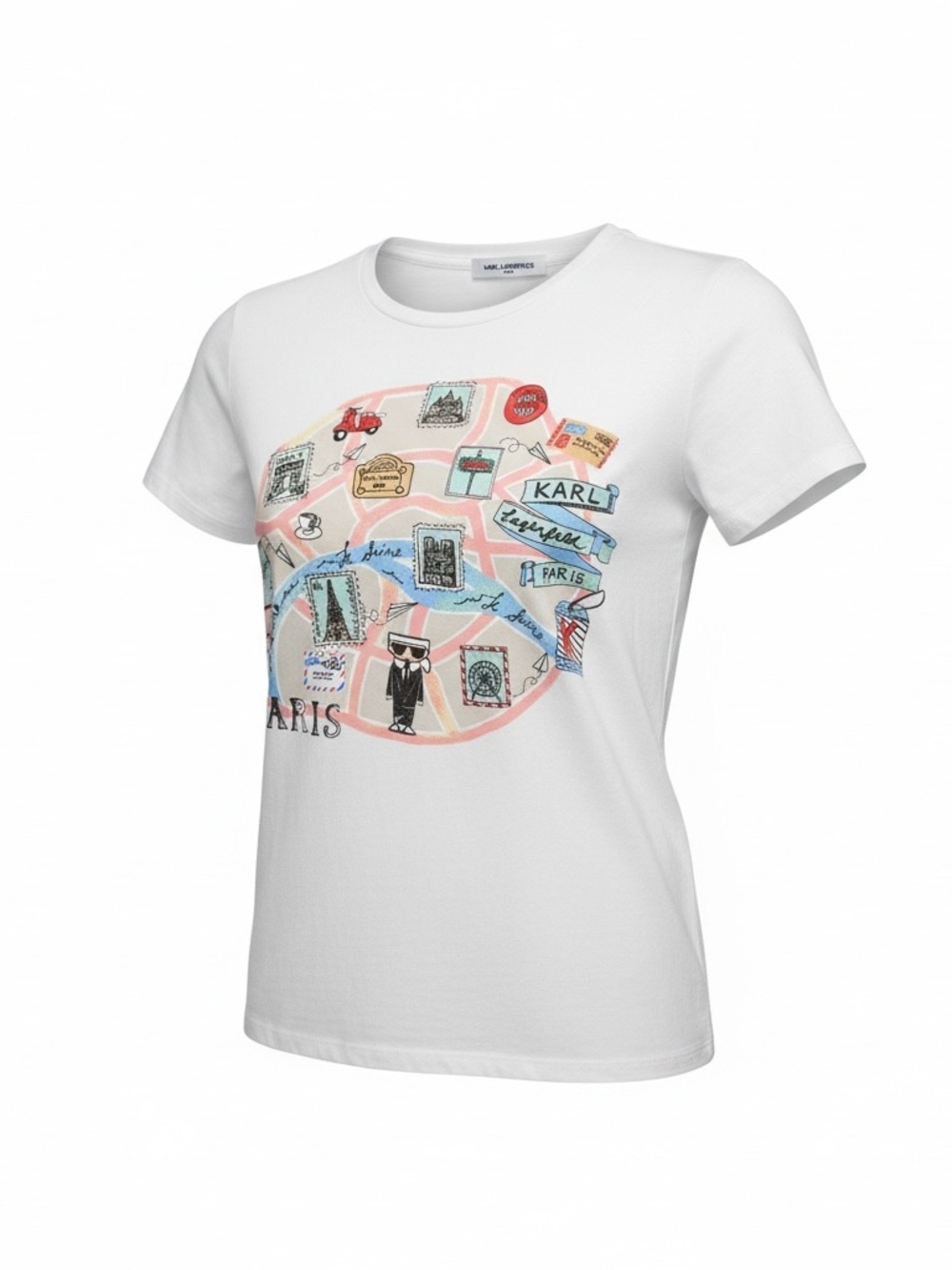 Karl Lagerfeld White Tee with Pastel Pink & Light Blue Paris Graphic